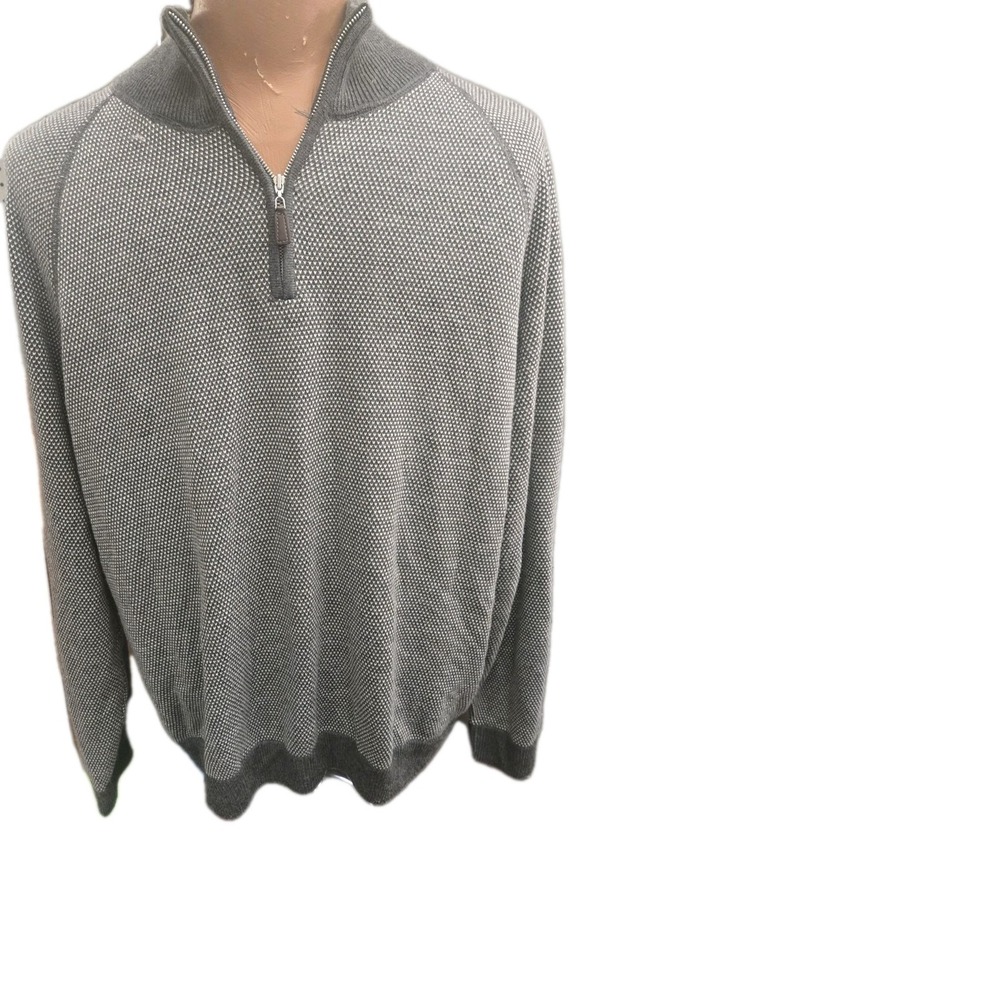 Men's Quarter Zip Pullover Sweater Grey And White Sz XL Wool Blend